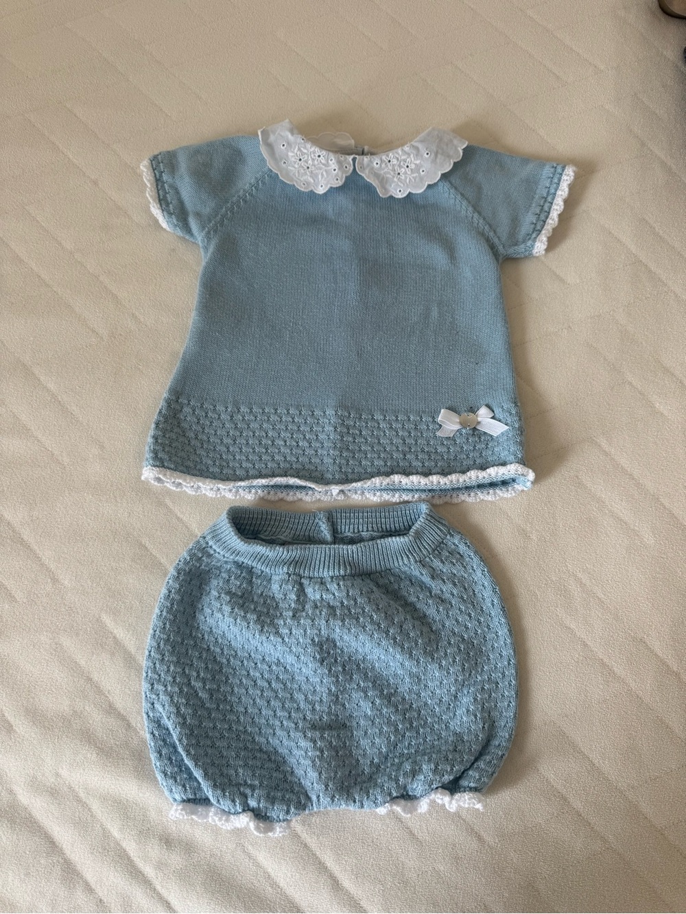 Light Blue Knit Baby Matching Set with White Eyelet Collar